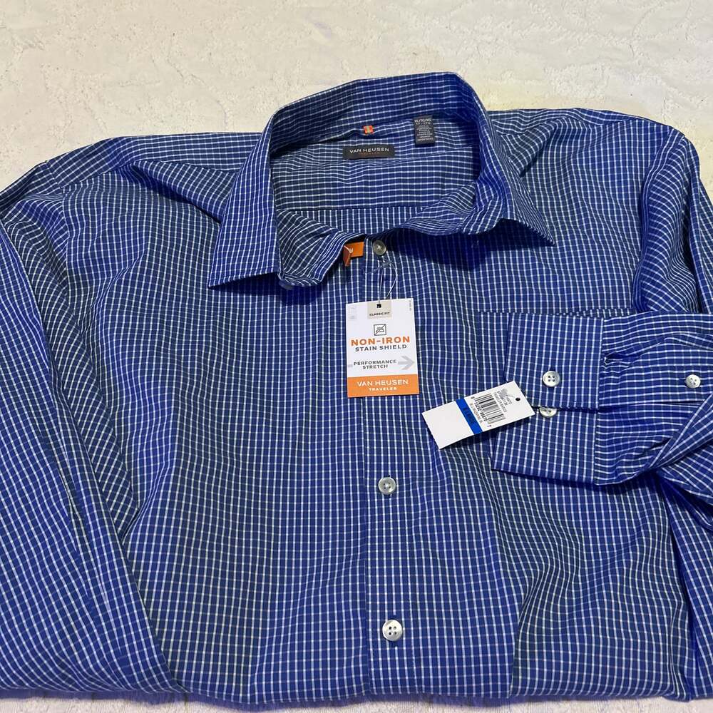 NWT Van Heusen Men's LS Button Down White/Blue Plaid Shirt